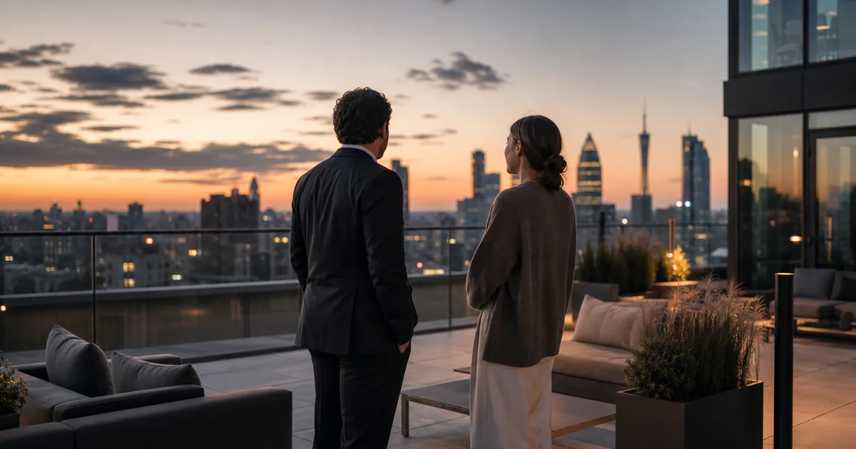 A rooftop terrace of a modern tech office at dusk with city skyline visible, two professionals in conversation, ambient city glow