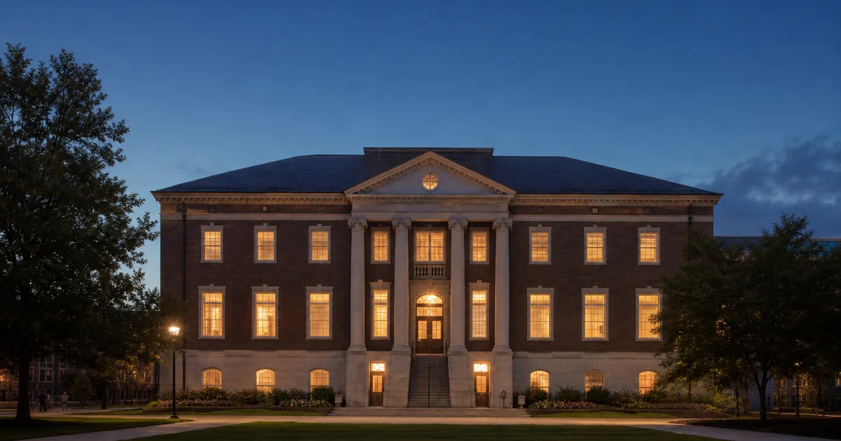 A modest state university administration building at dusk, warm window lights against a darkening sky