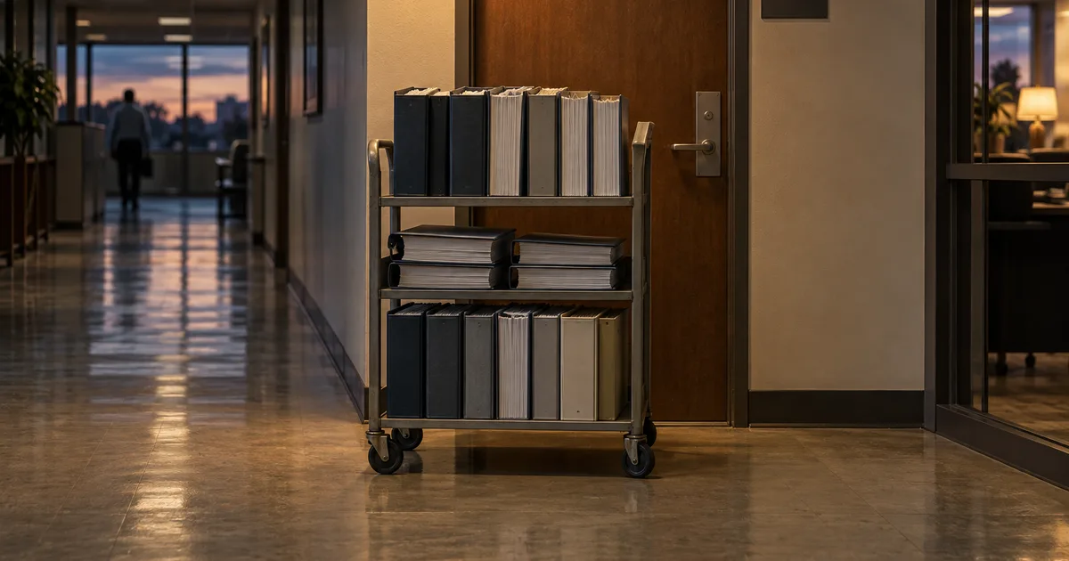 A quiet labor-department office corridor at dusk, a rolling cart of thick wage-survey binders parked outside a closed wooden door, warm overhead light