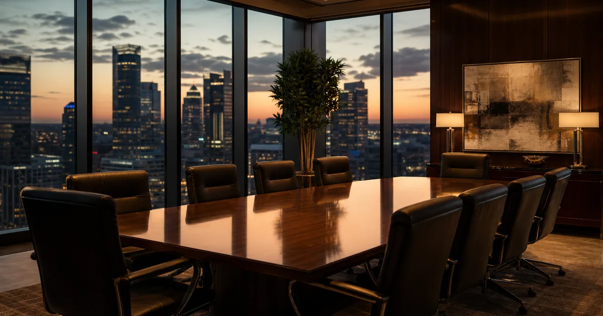 A high-rise financial office at dusk with leather chairs around a polished table and a city skyline through glass, warm executive light, no people