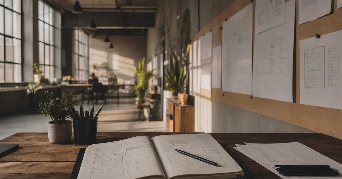 A contemporary design studio with large printed wireframe sketches pinned to a cork wall, an open sketchbook and stylus on a desk, warm afternoon light from