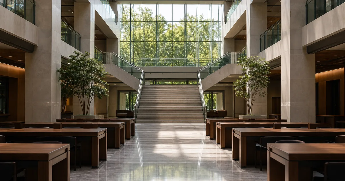 A graduate student in business attire studying documents at a library desk with a campus building visible through the window