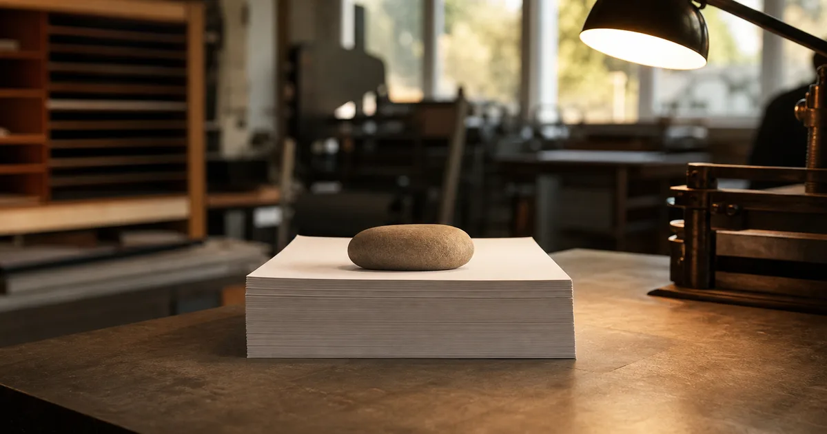 A print shop counter at early morning with a neat stack of freshly printed pages held down by a smooth stone paperweight, warm task lighting and deep shallow