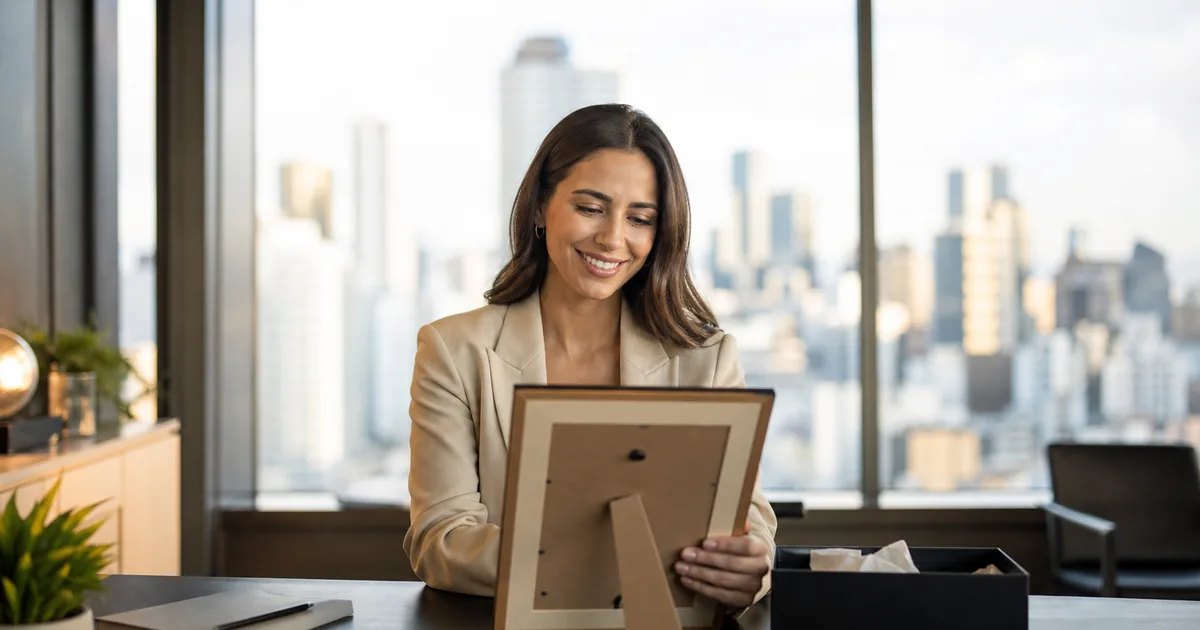 A professional smiling while reviewing a framed award or offer letter at a clean corporate desk with a city view behind them