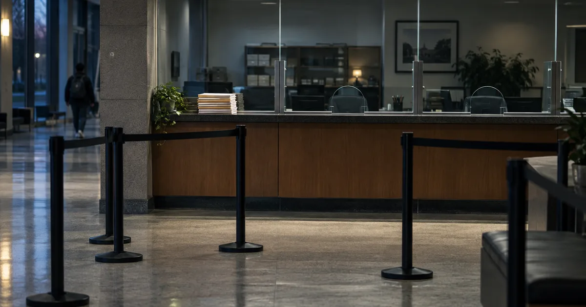 A university bursar's office service counter after hours, a closed payment window, an unopened stack of envelopes and empty queue posts under cool overhead