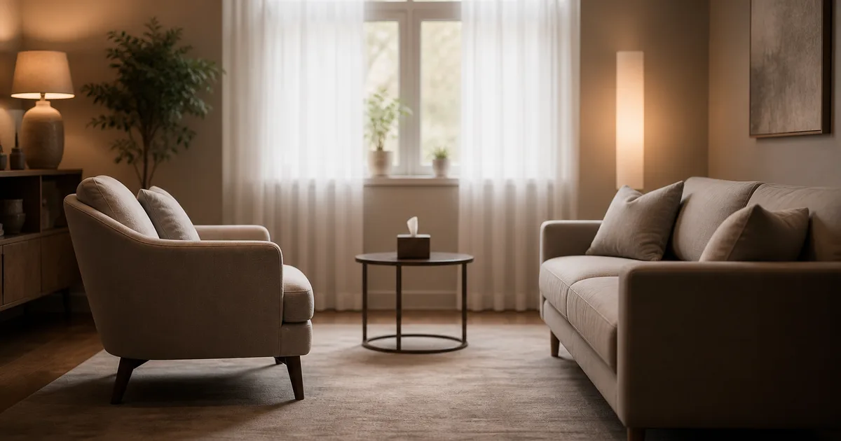 A calm therapy room with a comfortable chair and a sofa facing each other, soft neutral tones, a window with diffused light, no people