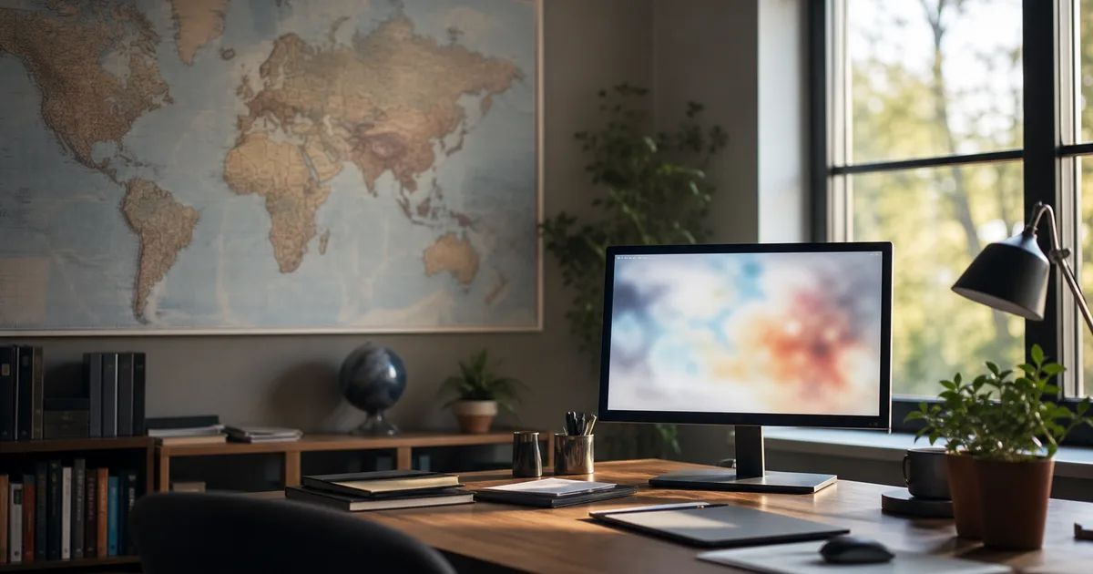 A research office with a wall map and abstract blurred data on a monitor, an organized desk by a window, scholarly daytime light
