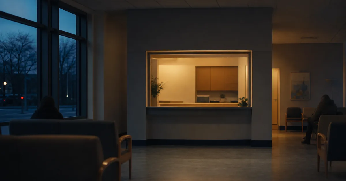 A community health clinic waiting room at dusk, a reception window glowing warmly against darkening windows