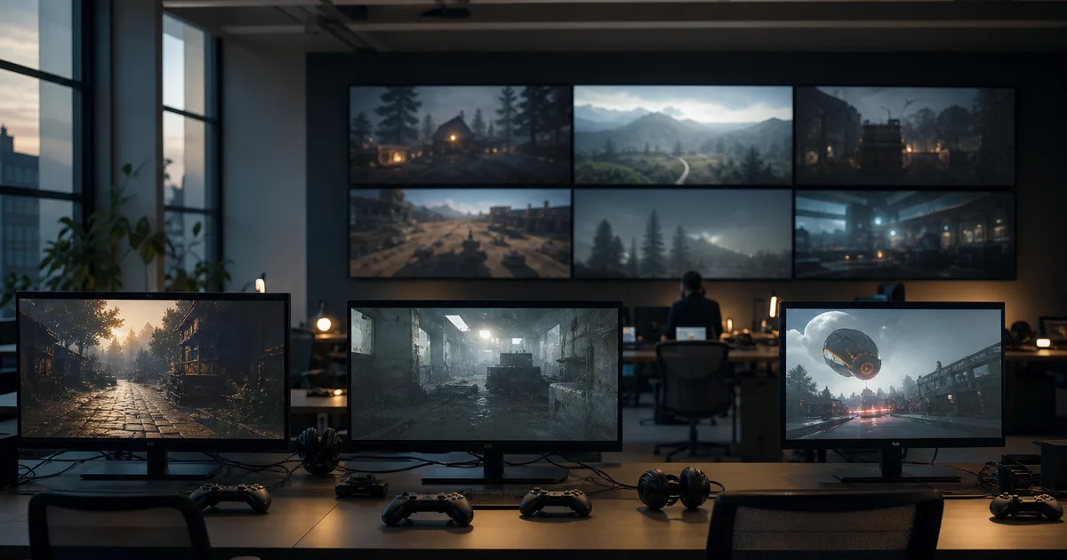 A dedicated game testing lab with multiple large screens showing gameplay footage at different stages, controllers laid out on desks, diffuse ambient