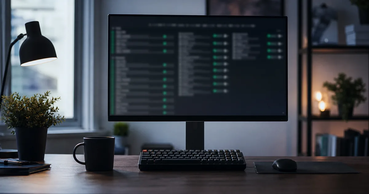 A developer desk with a monitor showing blurred test dashboards and green check indicators, a mechanical keyboard and mug, cool ambient light