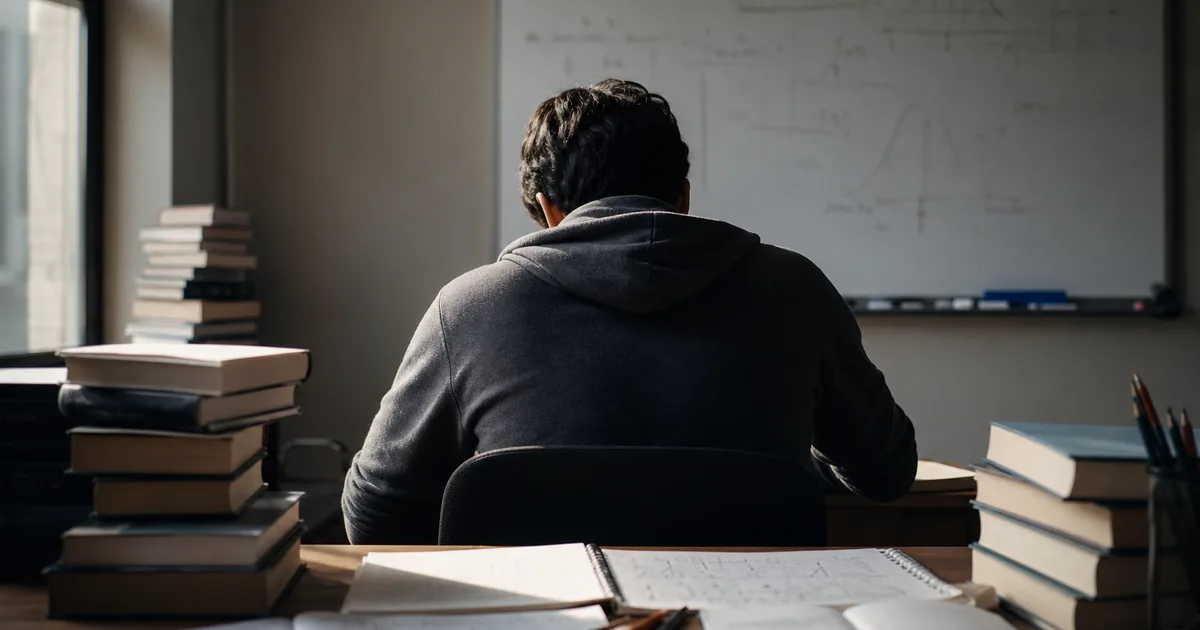 A graduate student at a desk covered in probability textbooks and graph paper with handwritten equations, a whiteboard with distributions visible in the