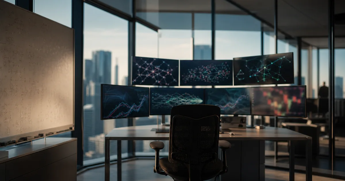 A sunlit corner office with glass walls, multiple curved monitors displaying mathematical models and trading charts, a whiteboard filled with probability