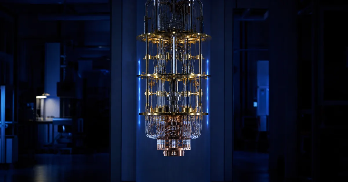Researcher in a university quantum lab working beside a cylindrical cryogenic dilution refrigerator with copper wiring visible under soft overhead lighting