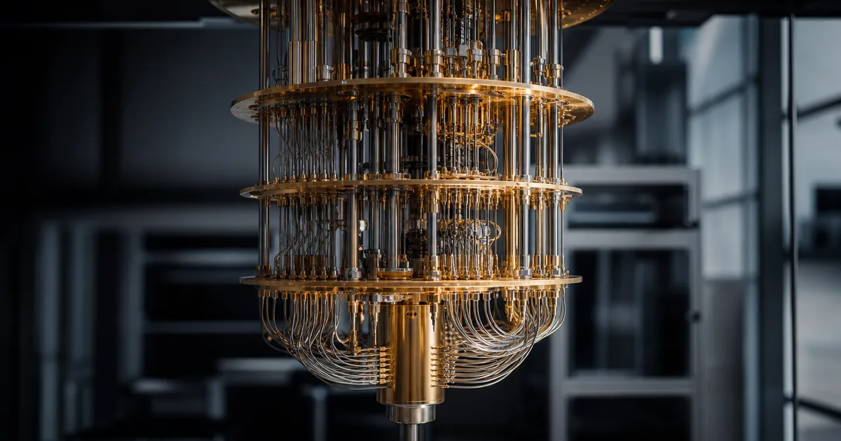 A research lab close-up of a gold quantum-computer chandelier cryostat structure, cool metallic tones and dramatic lighting, no people