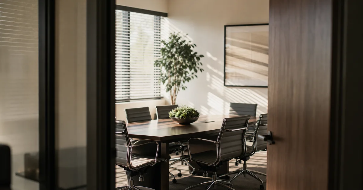 A small consulting-firm conference room seen through an open door at midday, an empty table and blinds casting soft stripes of light