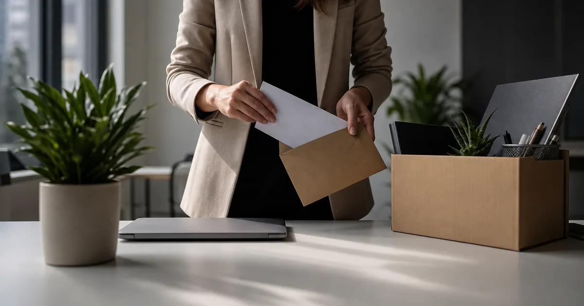 A professional putting a resignation letter in an envelope on a clean desk, office plants visible, soft window light, no text visible