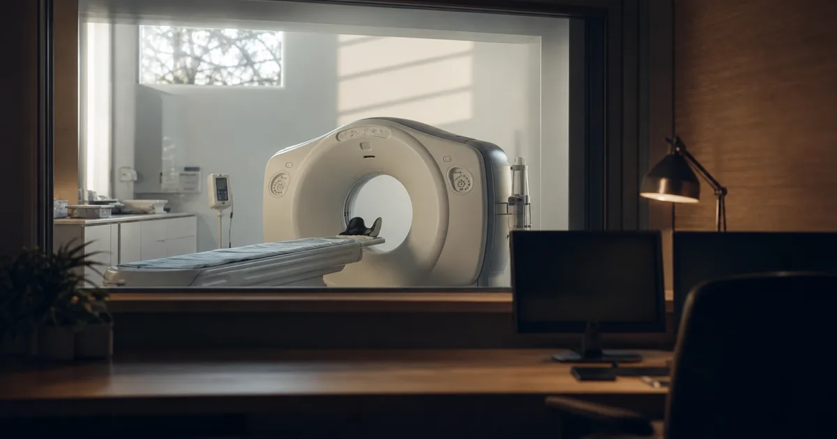 A medical imaging suite with a CT scanner, the control room glass and a softly lit console, clean modern hospital tones, no people