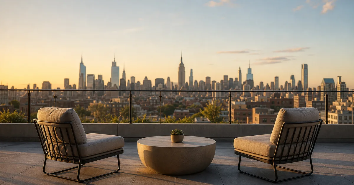 A rooftop coworking terrace at golden hour, empty lounge chairs and a low table facing a wide open skyline