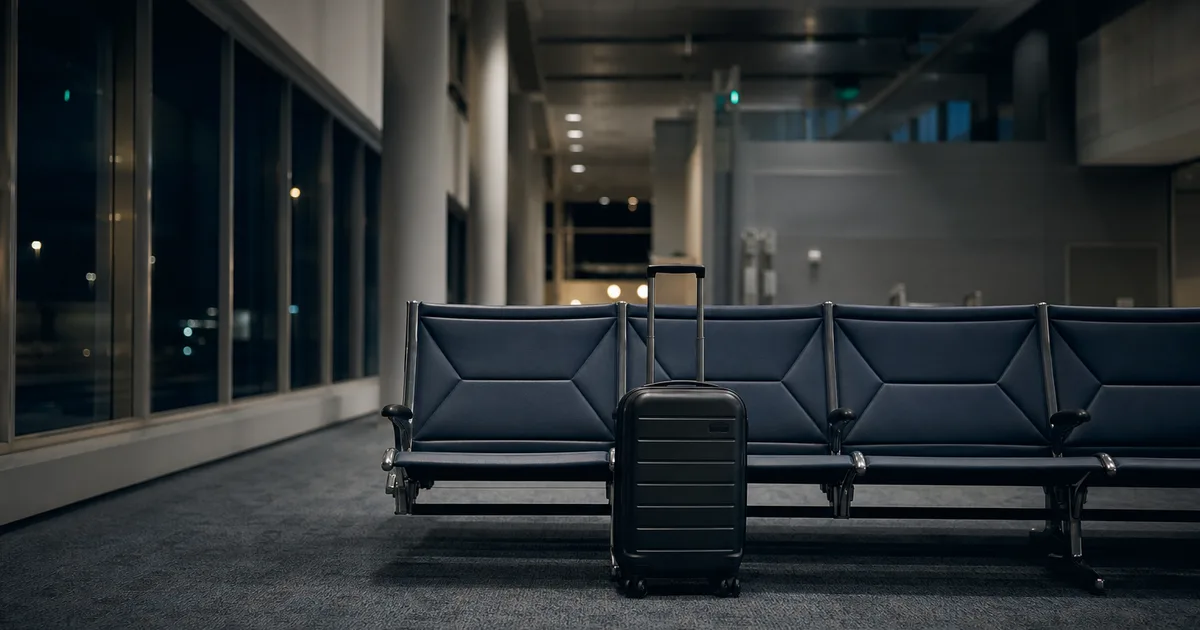 A night airport departures hall, a lone rolling suitcase beside empty gate seating under cool fluorescent light