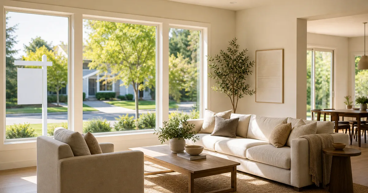 A real estate agent in a business suit showing a modern home interior to a young couple during a property tour on a sunny afternoon