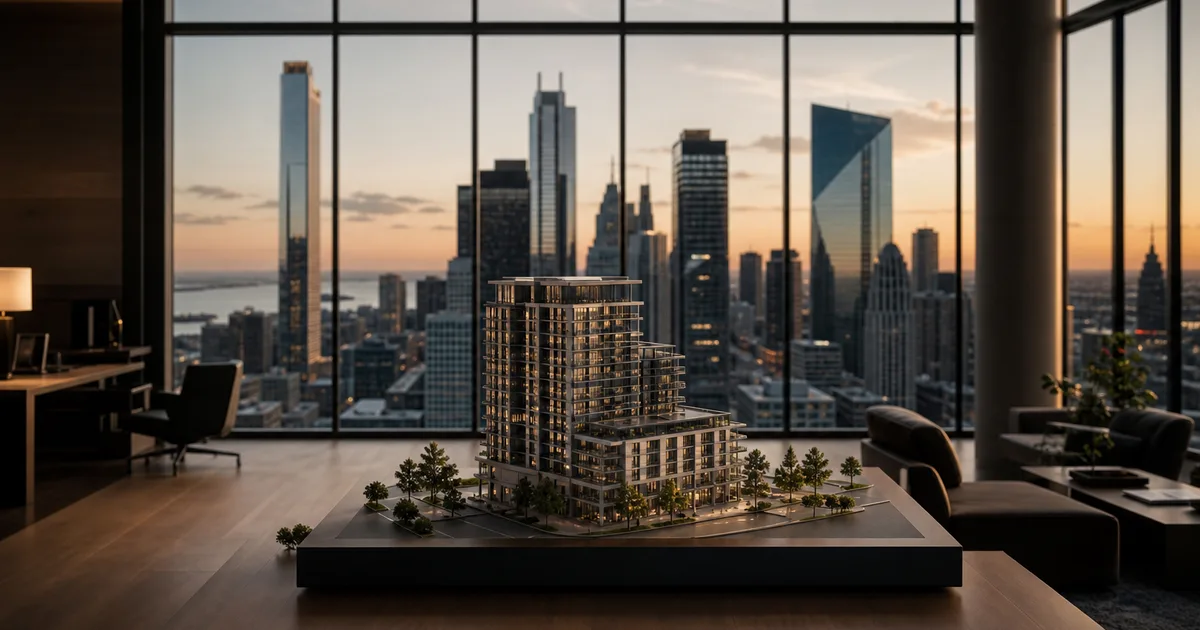 A modern real-estate office with a city skyline through floor-to-ceiling windows and a model building on a table, warm dusk light, no people