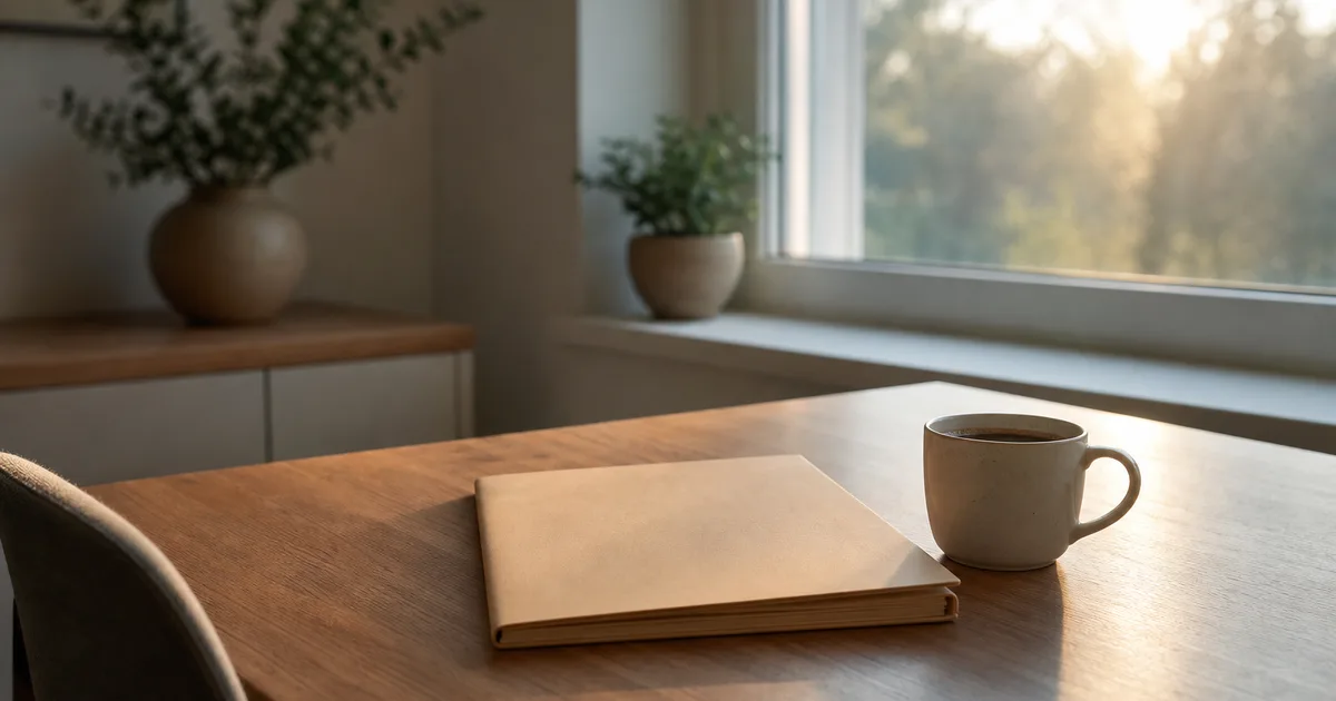 A tidy home-office desk at early morning, a closed folder and a cup of coffee beside a window with soft light