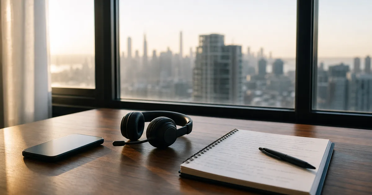 A clean desk by a window with a phone and headset and a notebook of blurred prep notes, calm morning light