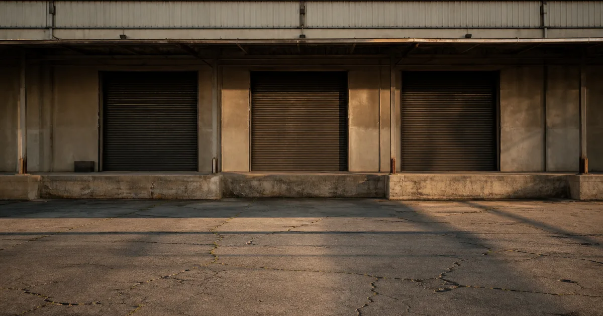 An empty industrial warehouse loading dock at late afternoon, roll-up doors closed and long shadows across cracked pavement