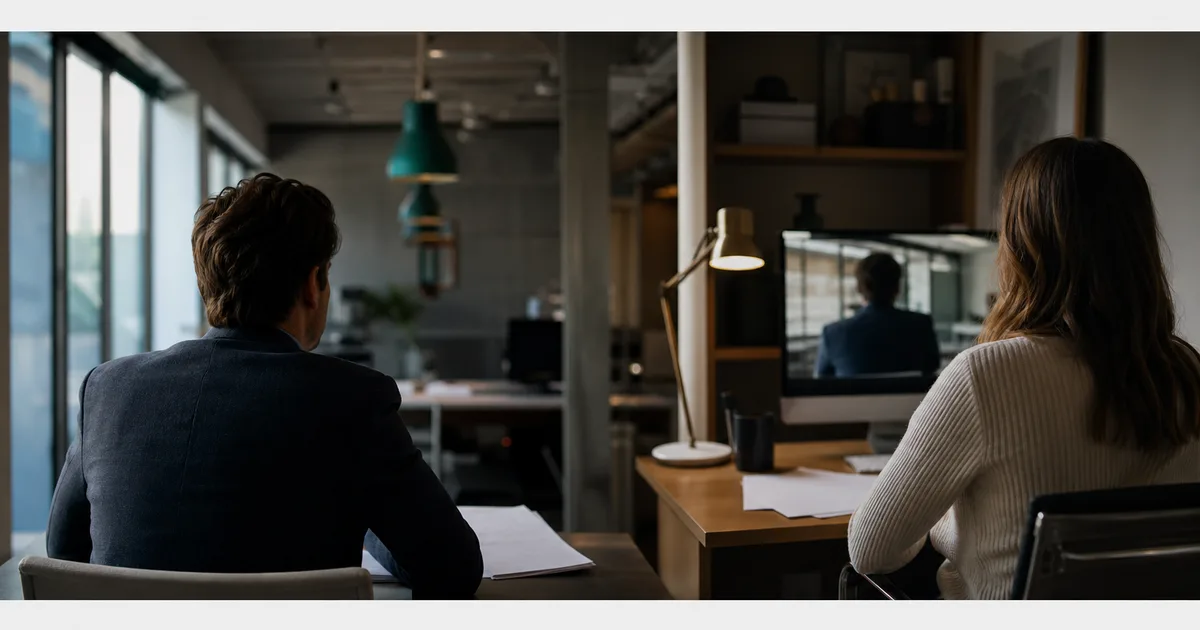 Two professionals on a video call, one speaking candidly with papers in front of them, the other listening from a home office setup, a collegial and