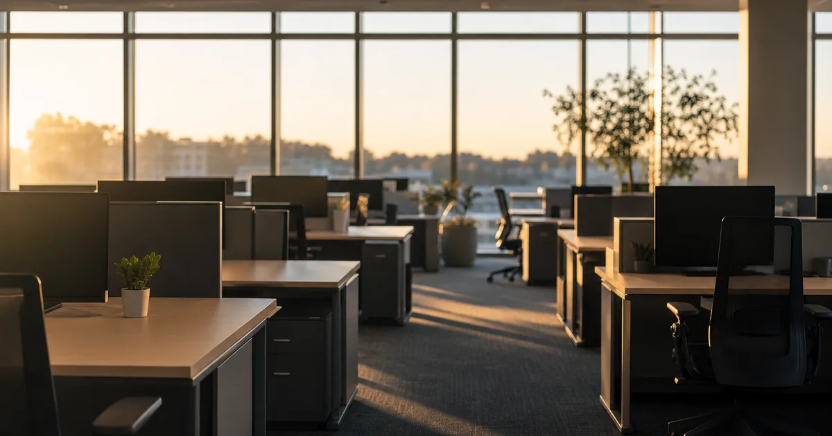 A regional accounting firm's open office floor early morning, rows of empty desks lit by low sun