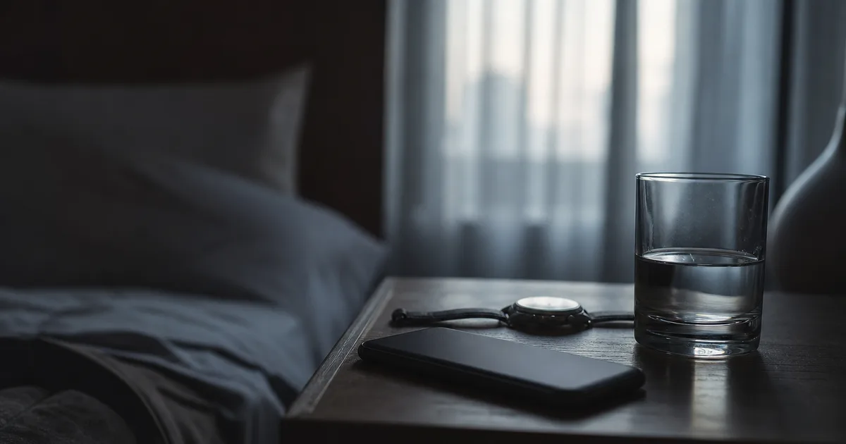 A darkened bedroom just before six in the morning, a phone lying face down on a nightstand beside a wristwatch and a half-full glass of water, first grey
