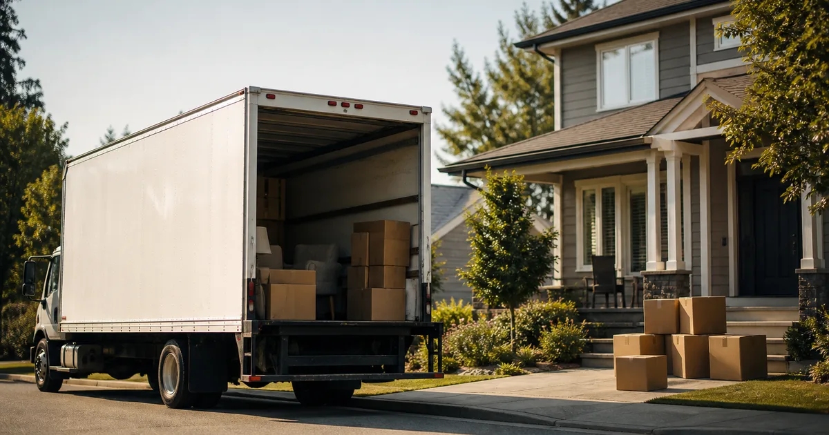A moving truck parked in front of a suburban house on a sunny afternoon with open cardboard boxes stacked near the front door