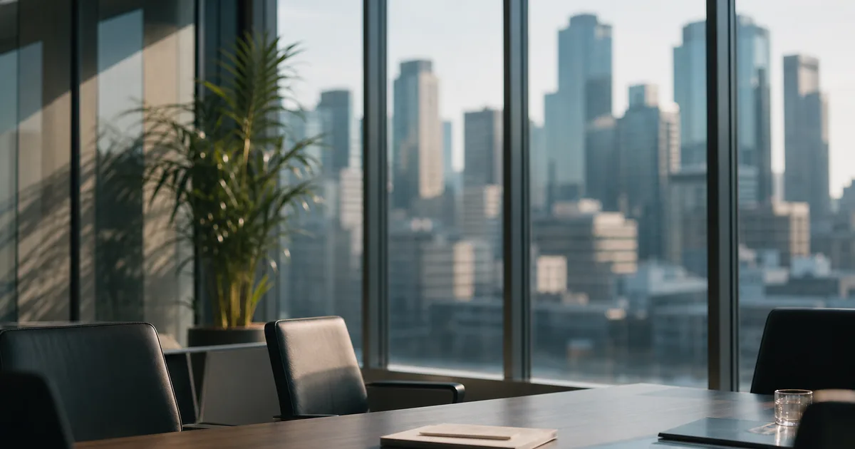 A professional in business casual clothing shaking hands across a conference table with documents and a city skyline visible through floor-to-ceiling windows