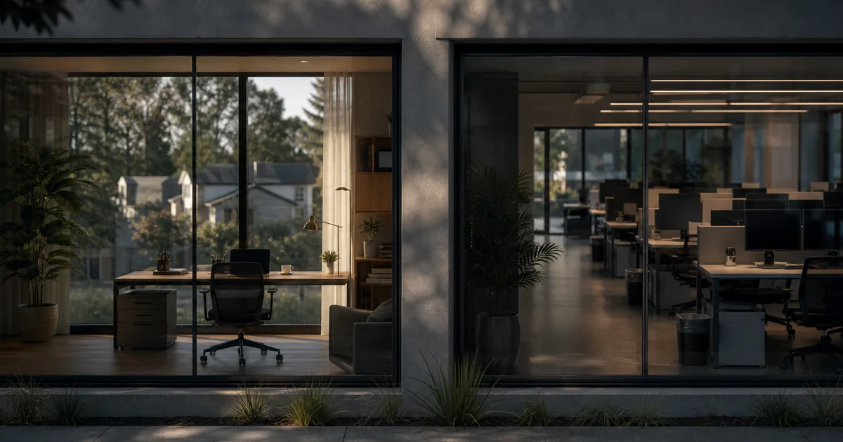 A split view through large windows - on one side a person's desk with a laptop in a bright home office with a view of a residential neighborhood, on the