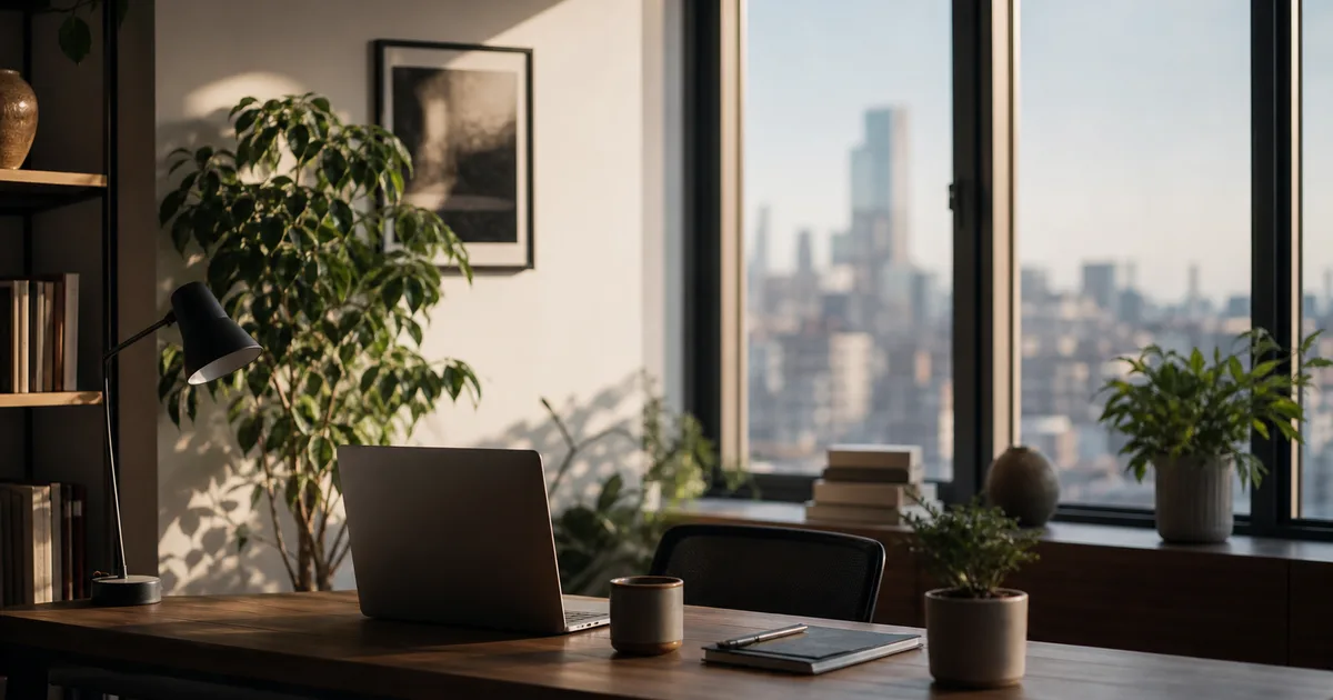 A tidy home office with a laptop, plants and a city view through the window, warm work-from-home light
