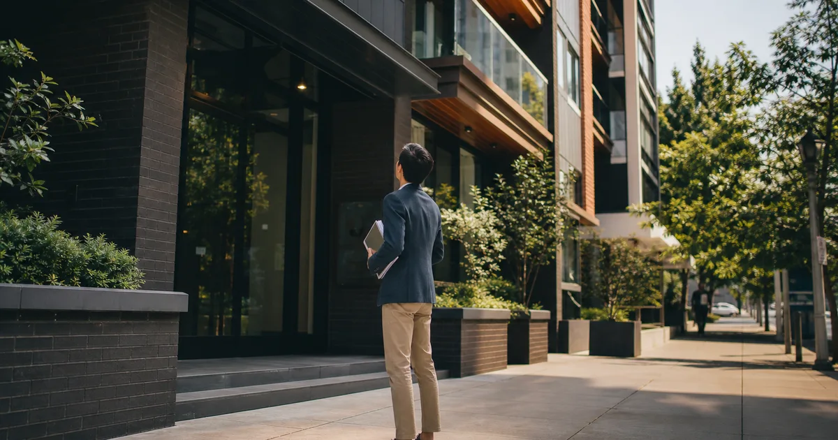 A young professional standing outside a modern apartment building on a sunny urban street, holding a folder of documents, looking up at the building entrance