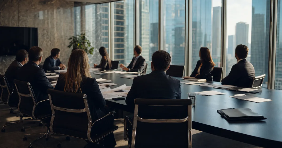 A busy corporate boardroom with people gathered around a large conference table reviewing documents with city skyscrapers visible through panoramic windows