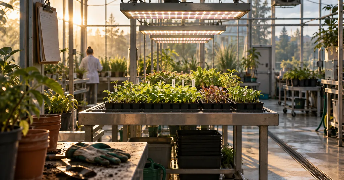 A university greenhouse research bay at early morning, rows of seedling trays under grow lights, a clipboard hanging on a hook and a pair of gloves on a