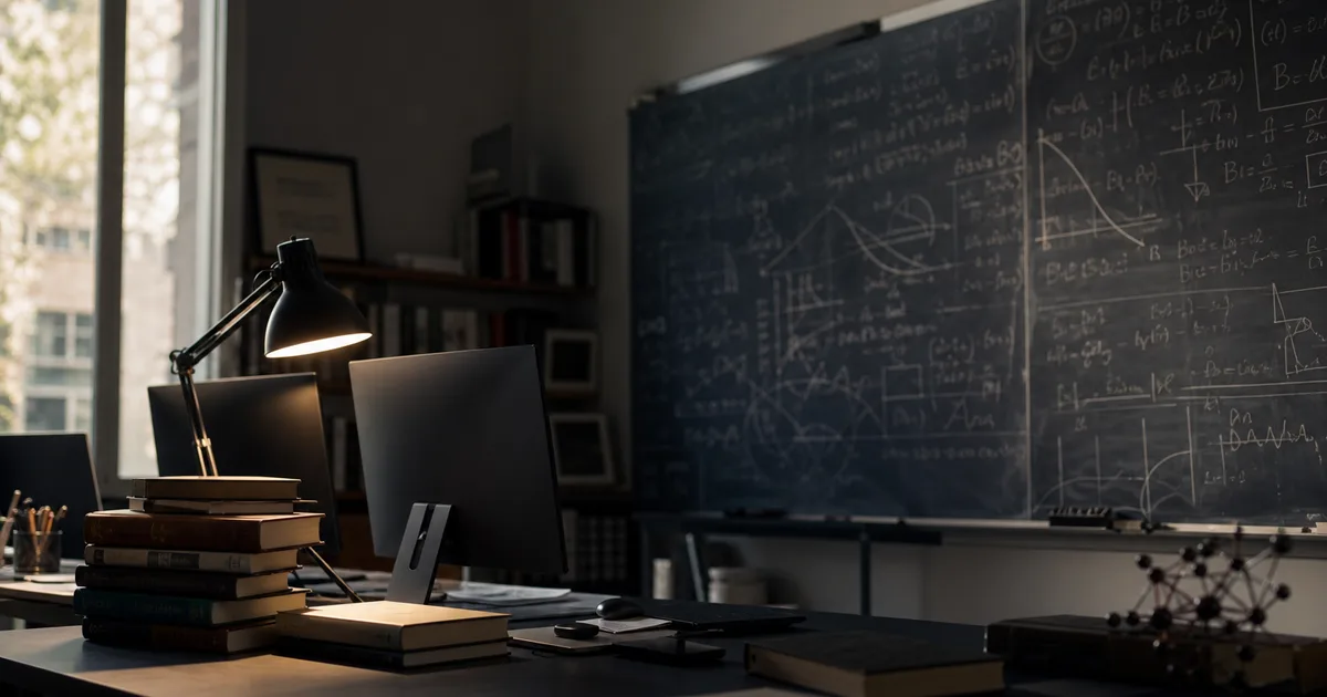 A quiet university-style research lab with whiteboards covered in mathematical notation, graduate-level textbooks stacked beside multiple monitors, warm desk