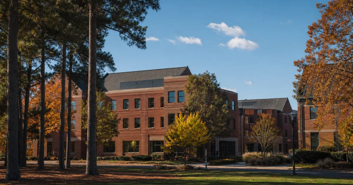 Leafy suburban research campus in autumn at midday, red brick low-rise buildings surrounded by pine trees and manicured green lawns under a bright Carolina