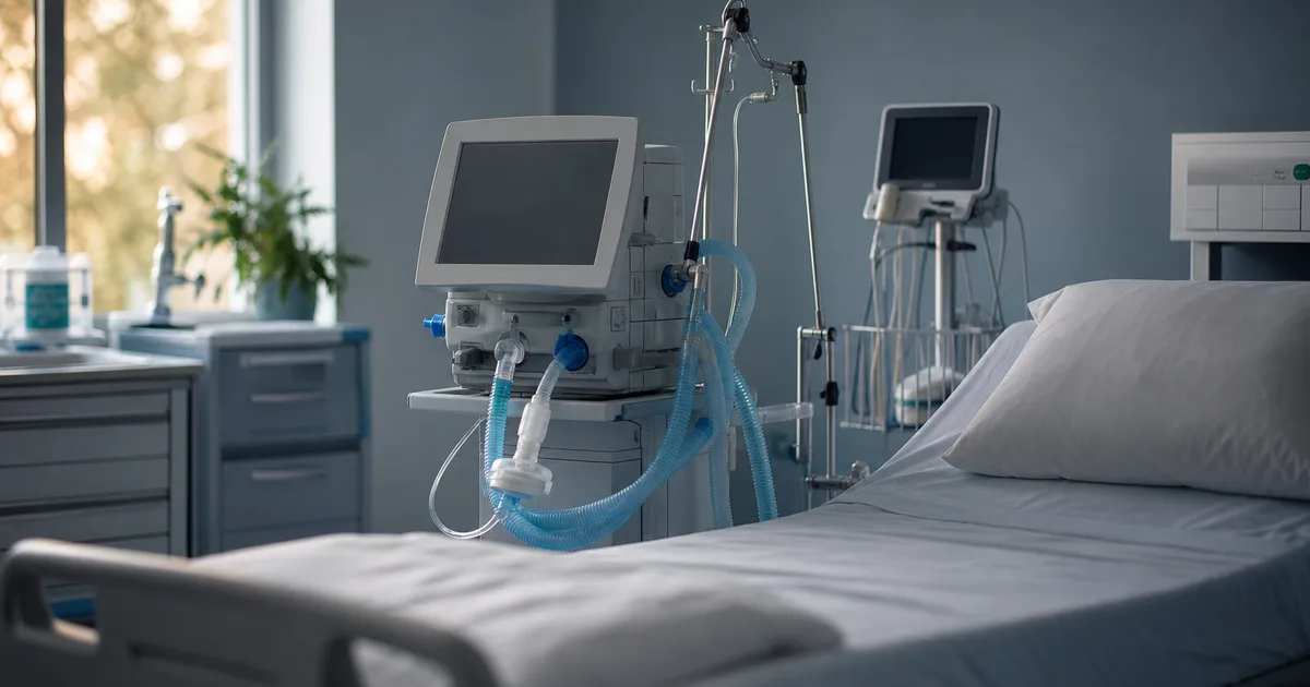 A hospital respiratory care room with a ventilator and monitoring equipment beside an empty bed, soft clinical light, no people