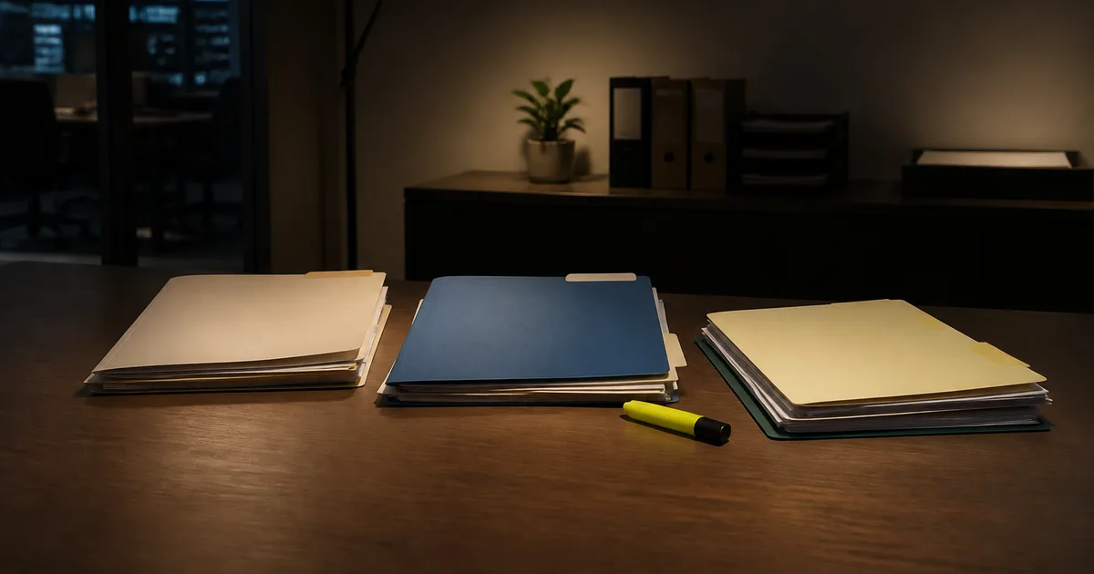 A person organizing printed immigration documents and folders on a home desk while reviewing a laptop screen