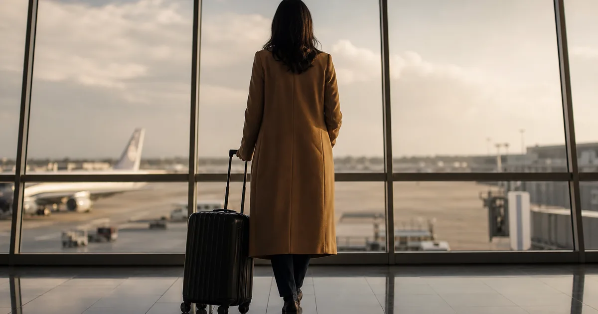 A young professional at an international airport departure hall, rolling suitcase beside them, large windows showing tarmac and planes, contemplative pose