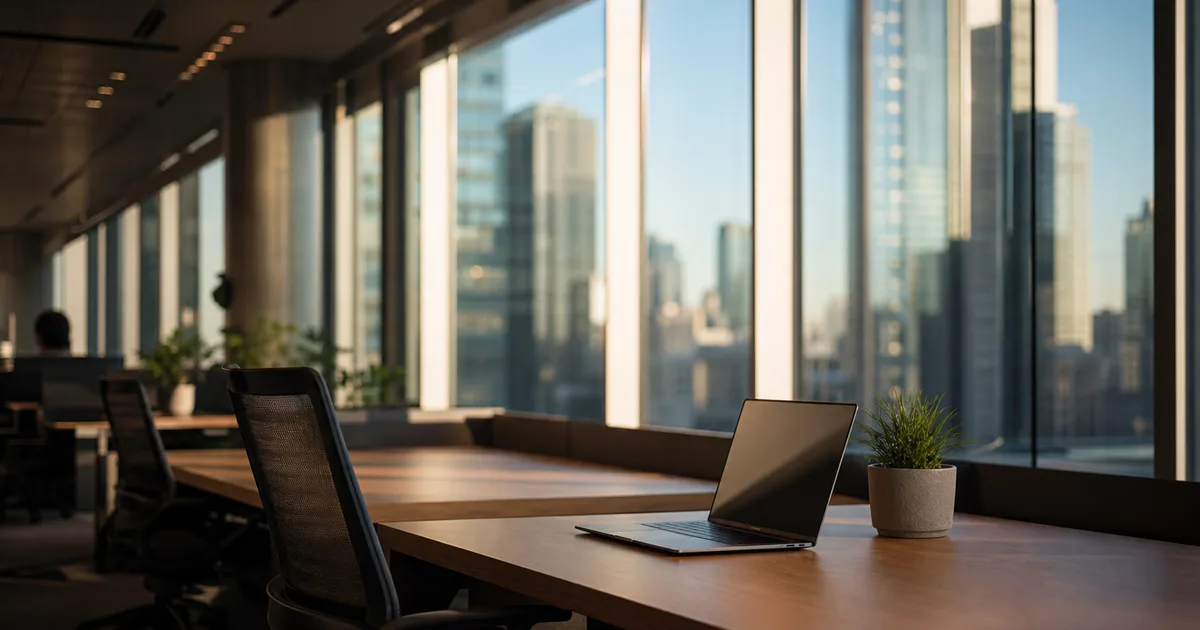 An open-plan corporate office with rows of desks bathed in morning light, a laptop open on a workstation near floor-to-ceiling windows overlooking a city