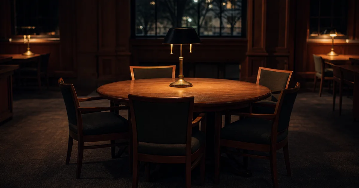 A university library study room at night, empty chairs around a round table under warm lamp light