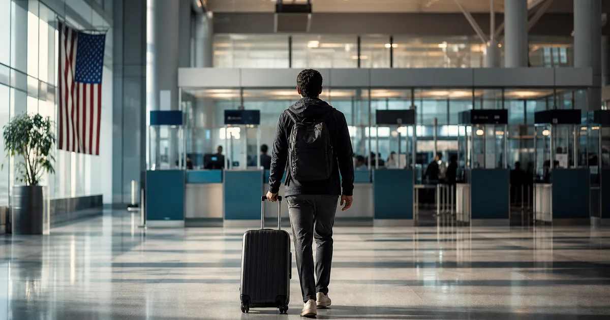 An international traveler at a modern airport customs hall, rolling a suitcase toward a CBP officer booth under bright overhead lighting, with a calm and