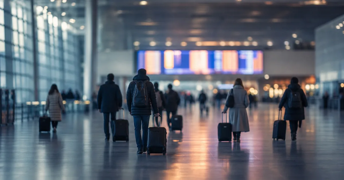 An international professional pulling a rolling suitcase through a modern airport terminal with large windows showing a clear sky outside