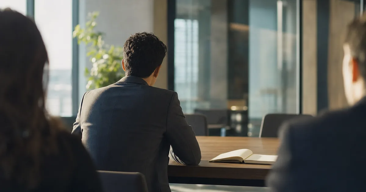A job candidate leaning forward in an interview chair with a notebook open, asking questions of two interviewers across a table in a bright modern office