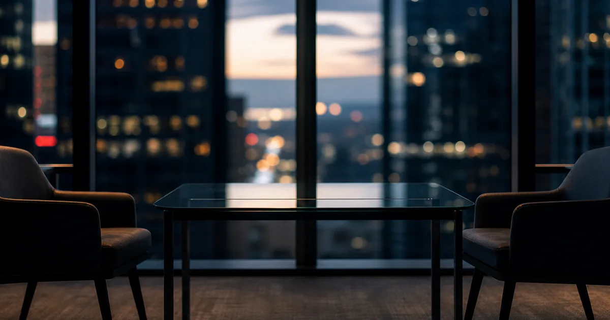 A hushed downtown recruiting office at dusk, two empty chairs facing each other across a bare glass table, city lights blurred beyond floor-to-ceiling
