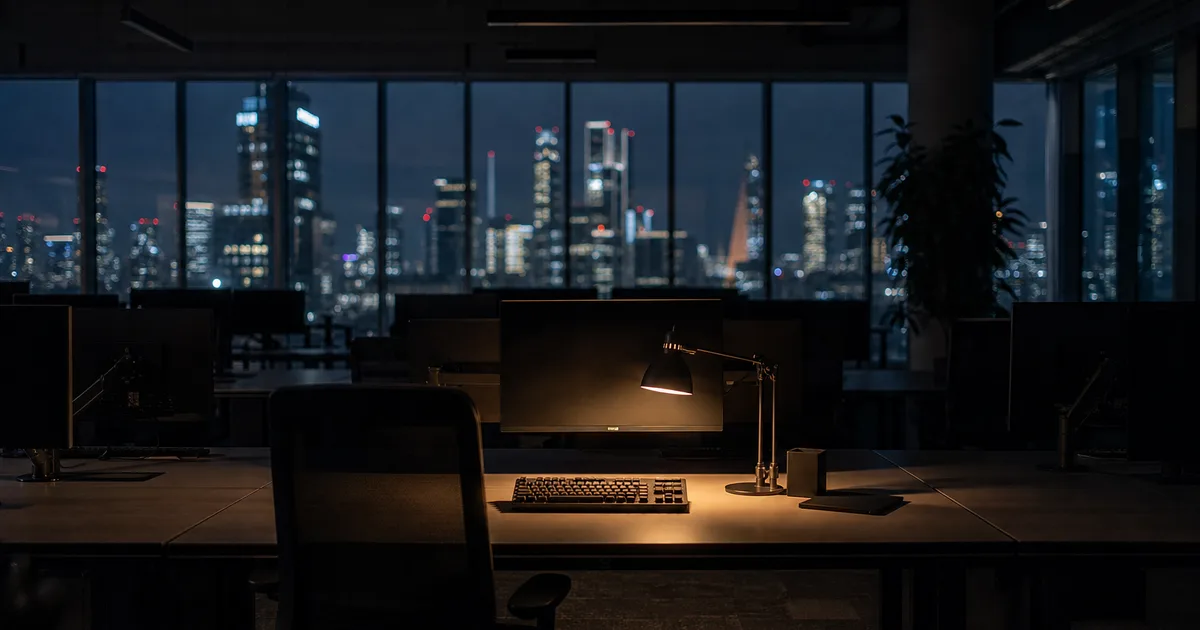 A near-empty open-plan engineering floor at night, rows of dark monitors turned away from the camera, one desk lamp glowing over a mechanical keyboard, city